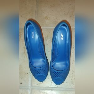Electric blue suede platform peep toe stilettos